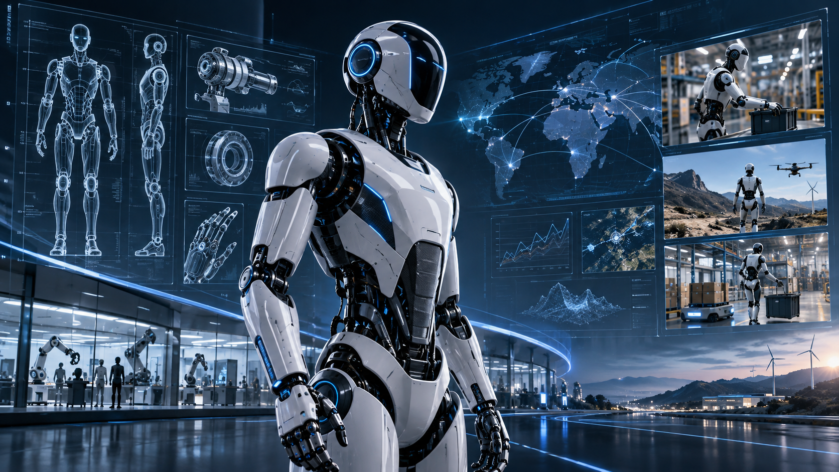 Conceptual illustration of humanoid robotics research with engineering diagrams, performance data and industrial applications