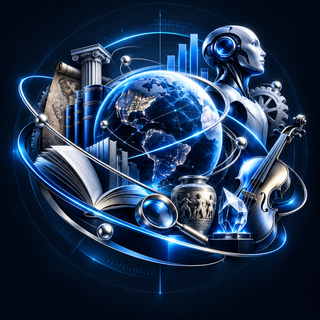 An illustrated globe surrounded by symbols of research, history, engineering, humanoid robotics, music and collecting